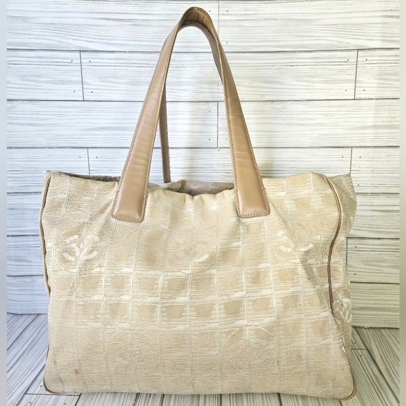 CHANEL Handbags - CHANEL Travel Ligne Tote Bag in Monogram Jacquard & Nylon in Beige Made 2005-06
